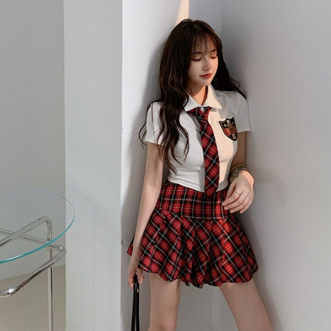 Yimiao Zhang 빨간 체크무늬 교복세트 스쿨룩 예쁜 여름 교복 여고 L 상의 + 파란색... 1개, L 레드 스커트