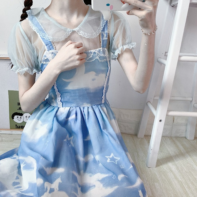 X G부드러운 여동생 로리타 롤리타 데일리 망사 안에 레이스 레이스 레이스 인형 칼라 반팔 셔츠 상의 여자 여름