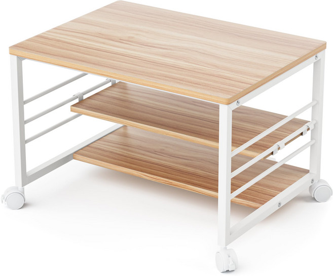 3단 노트북 선반 이동식 바퀴달린 수납 선반 책상 받침대 이동식 낮은 책상 복합기 수납장 프린터 선반, 화이트