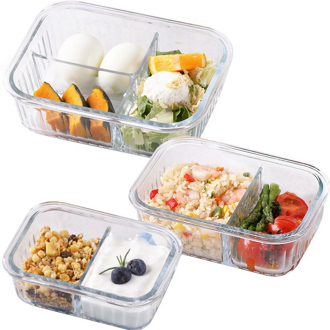 네오플램 내열유리 2칸 3칸 나눔반찬통 3P세트 370ml+600ml+1000ml, 1세트