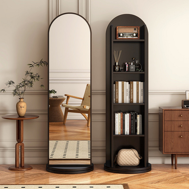 Tixpra 회전 전신거울 가정용 수납 선반 일체형 책장 이동식 옷장거울, 블랙