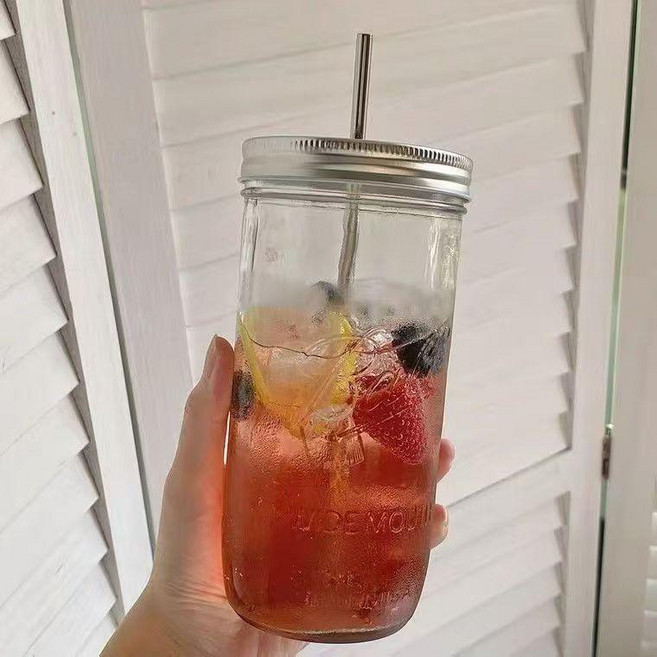 玻璃吸管杯 700ml 梅森杯 冷飲杯, 700ml梅森款 杯 + 密封蓋, 1個
