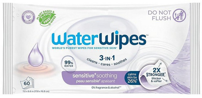 WaterWipes Sensitive+ 수딩 물티슈 3-in-1 세척 관리 진정 99% 물 식물 추출물 함유 무향 및 저자극성 아기 360개(6팩)105676, 1 Count (Pack of 60), 진정 효과