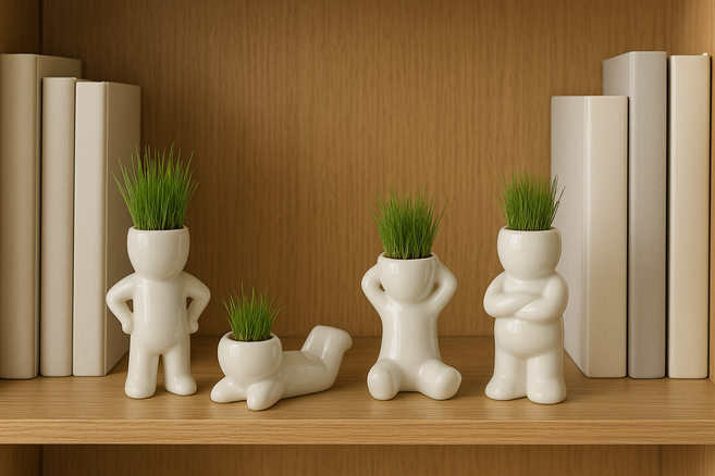 잔디머리 인형 키우기 화분인형 I 사무실 책상 미니 식물 (단품), 04. 엎드려 있는 모양, white