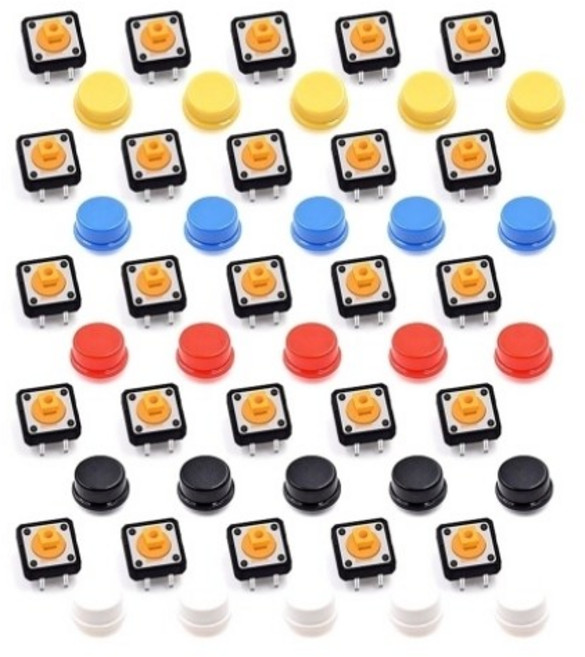푸시버튼 키트 25개 세트 - 12mm 택트 스위치 + 버튼캡 혼합 색상 - 아두이노 전자 DIY용, 1세트, 푸쉬버튼