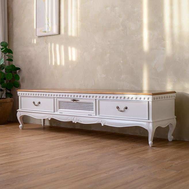 피어젠가구 푸트리 프렌치 엔틱 원목 TV 거실장 화이트