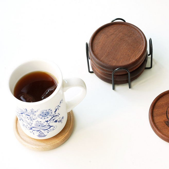 우드인 라운드 우드 코스터 4p세트 (홀더 포함), 1세트, 우드 각인O