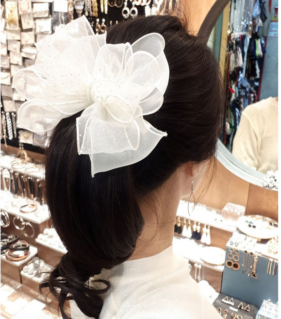 루루악세사리 샤방샤방 아이보리 리본 위 잔잔한 도트 볼륨 리본믹스 왕리본핀