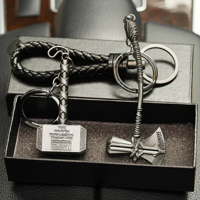 어벤져스 키 체인 홀더 아이언맨 캡틴 퀘이크 메갈로 마이티 메탈 슈트 맨, (2종 세트) 건 썬더 해머 - 건 토마호크 - 블랙