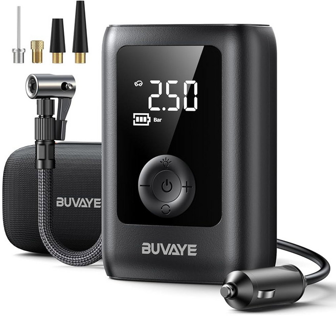 BUVAYE 타이어 팽창기 휴대용 공기 압축기 150PSI 에어 펌프 12V DC 무선/유선 압력 게이지 비상 LED 조명 EVA 백 타이어 자전거 풍선용