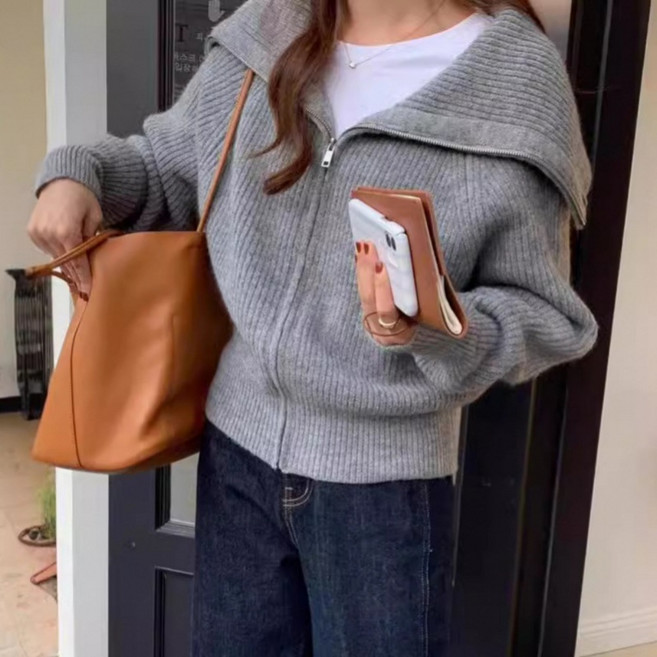 패피샵 여성 와이드 카라넥 니트 집업 가디건