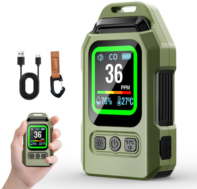일산화탄소 경보기 측정기 감지기 휴대용 차량용 캠핑용 밝기조절 온습도 표시, 녹색