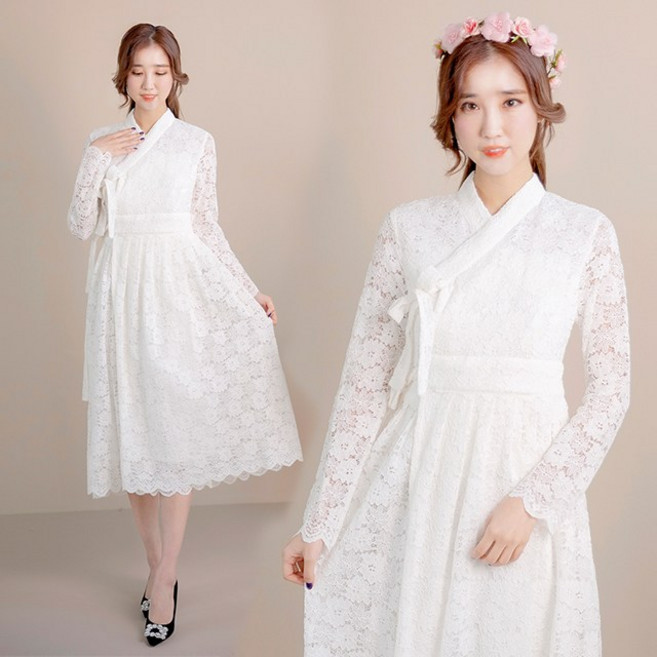 선데이한복 4계절 소미 레이스 화이트 롱 철릭원피스 생활한복