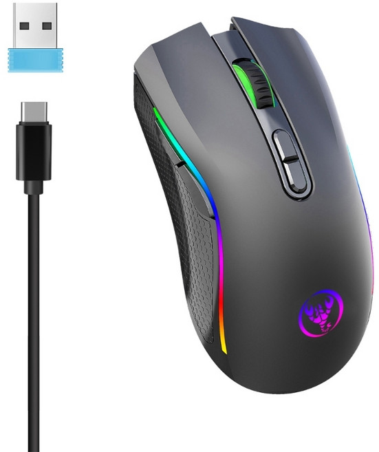 T69 LED 광학 게임 마우스 충전 가능 4800dpi 2.4G 음소거 USB 무선 마우스 PC 노트북 데스크탑 컴퓨터와 호환됩니다., Black, 한개옵션1