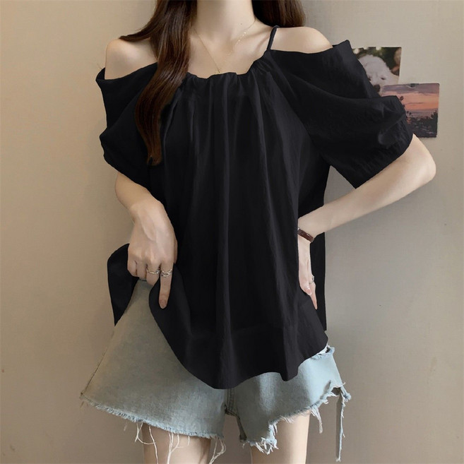 VEZRI 여성 여름 드로스트링 반팔 블라우스 오프숄더 오버핏 상의 F88