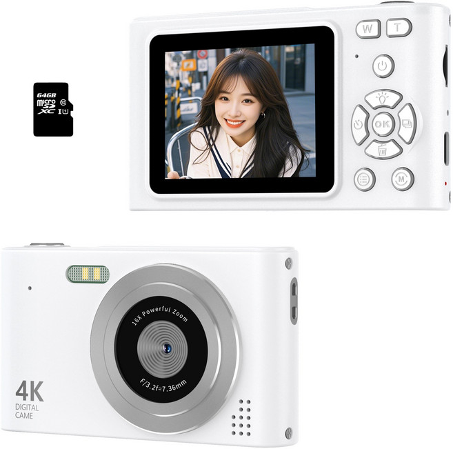 RUNHome 4800w 레트로 미니 디지털 카메라 여행용 인생+64G메모리카드, 화이트