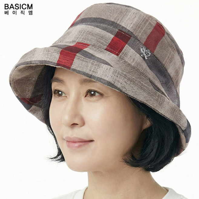 베이직엠 중년 여성 여름모자 망사 벙거지 체크 패턴