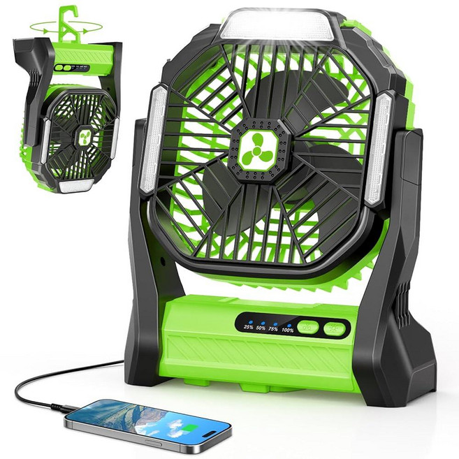 휴대용 충전식 팬 20000mAh 무선 배터리 전원 캠핑 텐트 팬 SOS 및 LED 랜턴 포함 소형 USB C 작동 야외 통풍기 낚시 여행 캠프 피크닉 해변 사무실 책상, Neon Green
