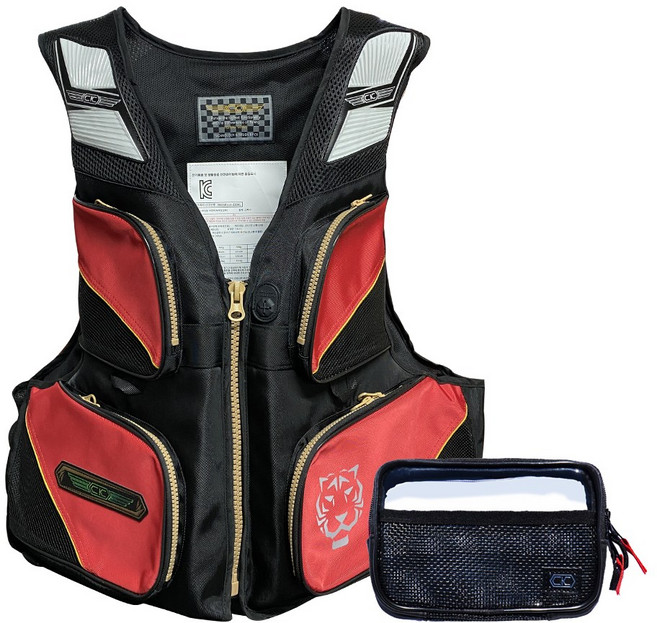 2025년형 / BM 베이직 프로팅 베스트 / 낚시용 구명 조끼 / 다양한 수납 공간 / 확실하고 안전한 부력 / 튼튼한 지퍼 채용 / 야간 대응 가슴 반사판 / 구조 휘슬 제공, BM 레드