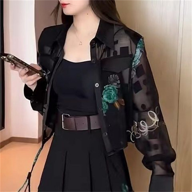 TIRA 여성용 여름 얇은 자외선 차단 아웃도어 플라워 패턴 시스루 숏 점퍼 바람막이 재킷