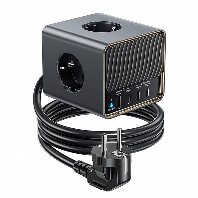 Toocki GaN PD 67W PPS 3C1A 4포트 3구 4000W 고용량 고속충전 충전기 납작 큐브 멀티탭, 1개, 블랙, 2m