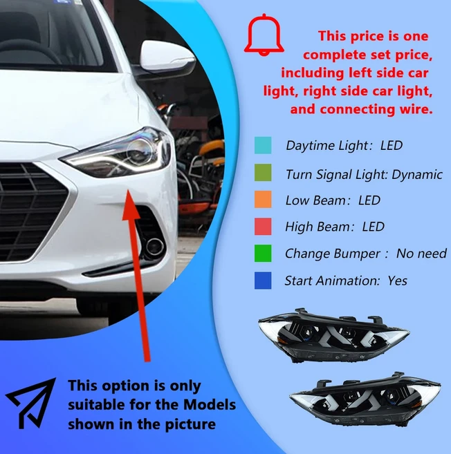 현대 엘란트라 2016-2020 LED 자동차 헤드라이트 어셈블리 100W 신형 프로젝터 렌즈 업그레이드 (람보르기, 01 For 19-20