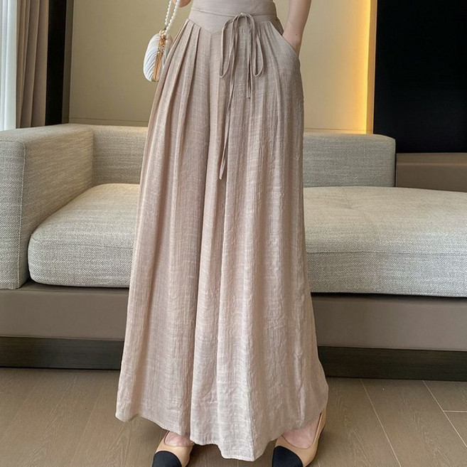 미중 여성 여름 뉴 플리츠 와이드 누름주름 하감 얇은 린넨 A라인 날씬 치마바지 yf