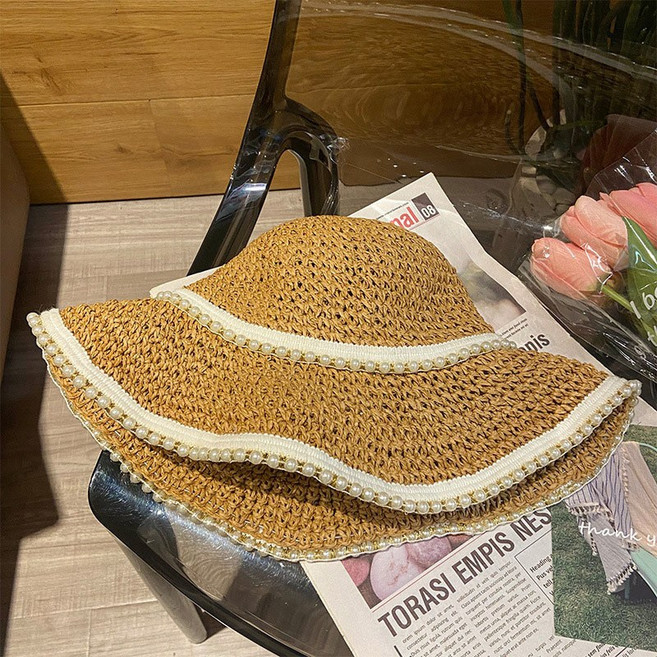 봄여름 일본계 손뜨개 진주풀 모자 여성 캐주얼 선바이저 비치 선캡