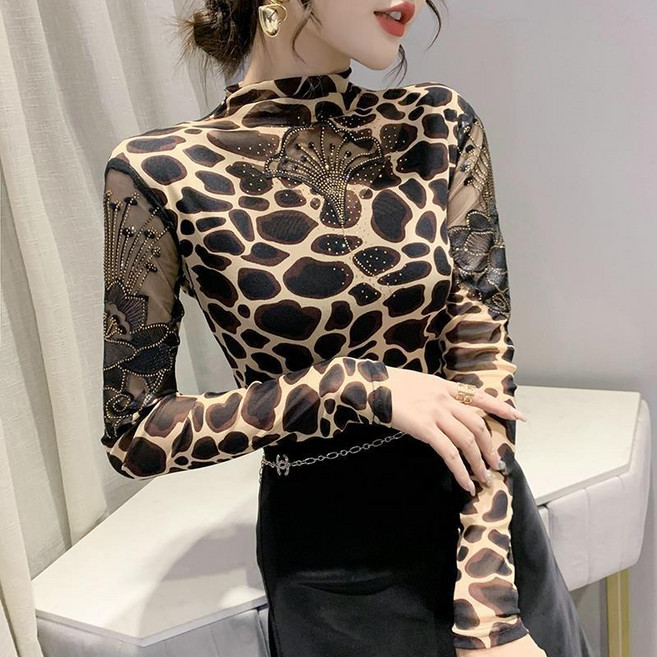 라인 댄스복 상의 폴라 펀칭 시스루 스판 티셔츠 Women's T-shirt