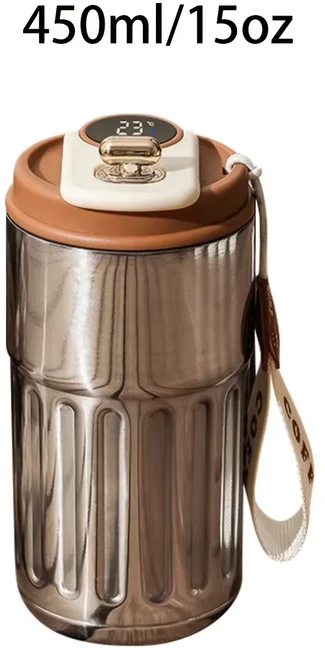 450ml/15oz 보온병 병 스마트 디스플레이 온도 스테인레스 스틸 진공 컵 사무실 커피 컵 비즈니스 휴대용, 03 Silver-450ml 15oz