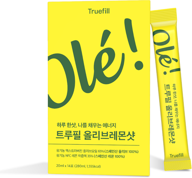 트루필 유기농 100% 올레샷 황금비율 올리브레몬샷 엑스트라 버진 올리브오일 리얼 스틱, 14개, 20ml