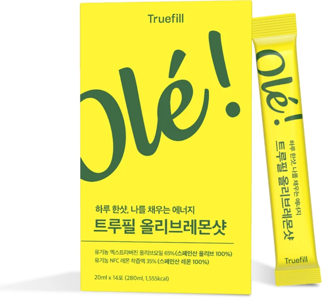 트루필 유기농 100% 올레샷 황금비율 올리브레몬샷 엑스트라 버진 올리브오일 리얼 스틱, 14개, 20ml - 쿠팡