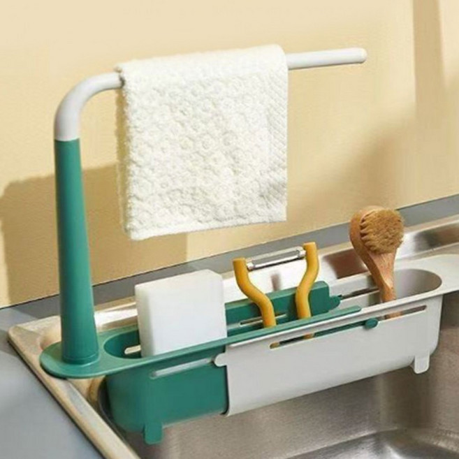 길이조절 싱크대 수납걸이 물빠짐 수세미 행주 건조대 거치대 받침대, 옐로우, 1개