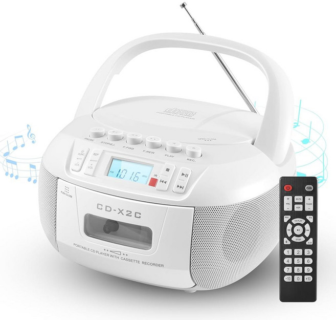 DGXWLLW CD 및 카세트 플레이어 콤보 붐박스 CD 플레이어 블루투스 AM/FM 라디오 AUX/USB 드라이브 테이프 녹음 AC/DC 전원 헤드폰 잭 LCD 디스플레이, White