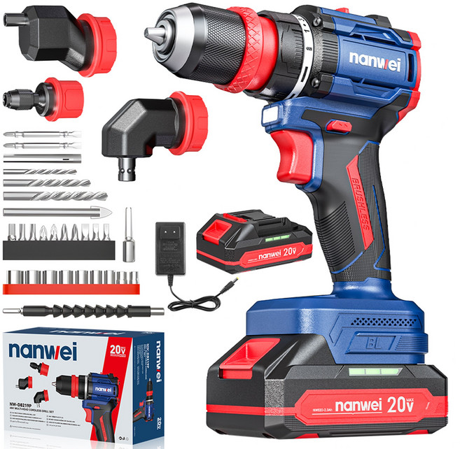 [국내발송] NANWEI 무선 충전식 전동 드릴 BLDC 브러시리스 임팩 드라이버 4IN1 가정용 배터리2개 공구 세트 세 가지 기능 전환 조인트 포함, 1세트