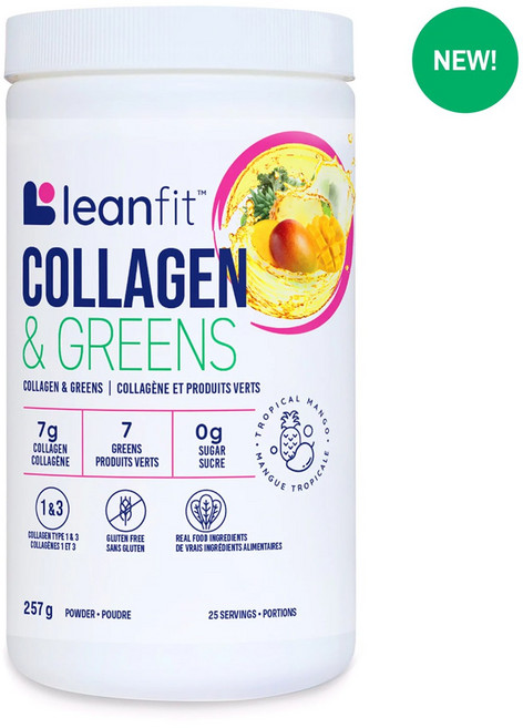 캐나다 린핏 콜라겐 그린 트로피컬 망고 항산화효과 풍부한 단백질 피부 해조류 잎이많은 채소 요오드 다시마 LeanFit Collagen Greens Tropical Mango, 콜라겐+그린(망고) 257g x 1병, 1개