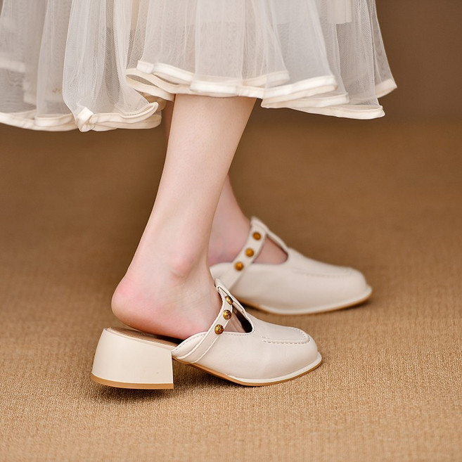 XVWO 여성 메리제인 뮬 슬리퍼 앞막힘 로우힐 캐주얼 데일리 클래식 빈티지 여성 외출용 패션 슬리퍼