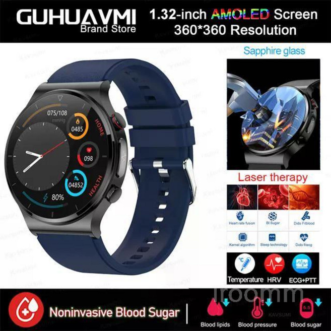 (한국어지원) 남성용 풀 터치 사파이어 유리 혈당 스마트워치 무통 무채혈 혈당측정 레이저 트리트먼트, upgradeSapphireGlass, K. Blue silicone
