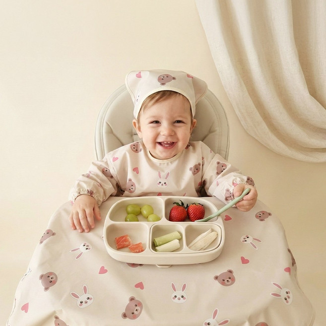 아이레빗 국내생산 유아용 아기 식탁일체형 자기주도 방수 턱받이 풀커버 긴팔, 1개, 1개입, 풀커버 긴팔_하트