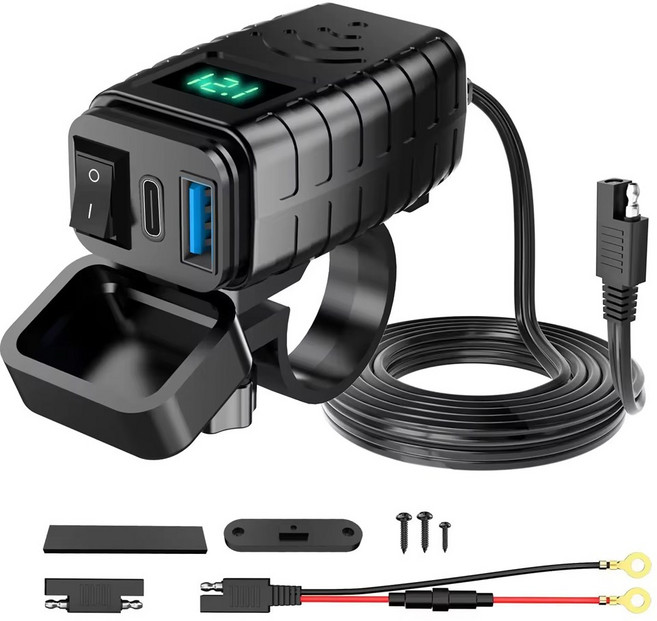 라이딩웨이 오토바이용 C타입 USB 겸용 베터리 충전기 전압체크 오토바이용 고속충전기, 그린, 1개