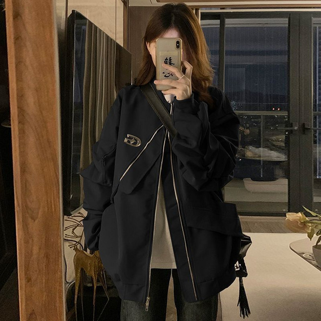 外套女 夾克外套 飛行服外套 寬松 oversize 不規則 中性工裝夾克 棒球服 棒球外套 美式復古 圓領夾克