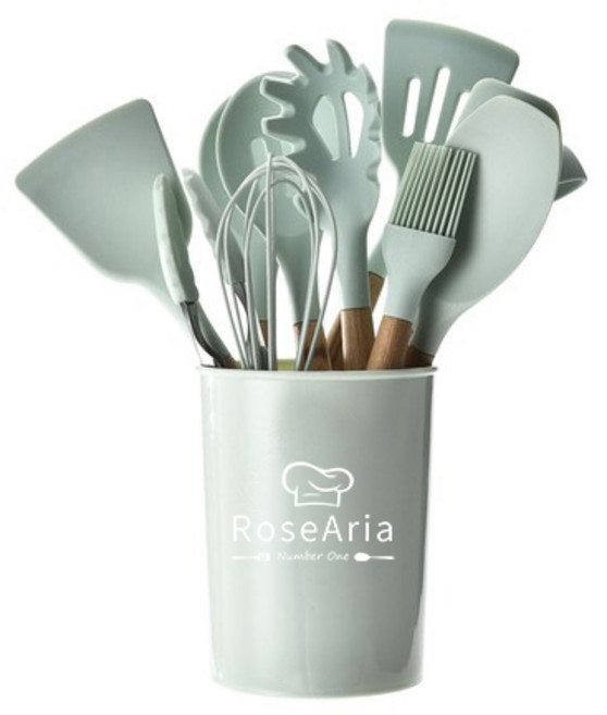 Rosearia 실리콘 나무 손잡이 주방 조리도구 12종 세트 수납통 포함, Green