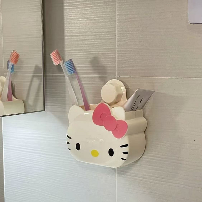 Hello Kitty 헬로키티 욕실 주방 선반 벽걸이 정리 용품 강력 흡착식 칫솔꽂이 칫솔 치약 빗 수납 상자, 핑크, 1개