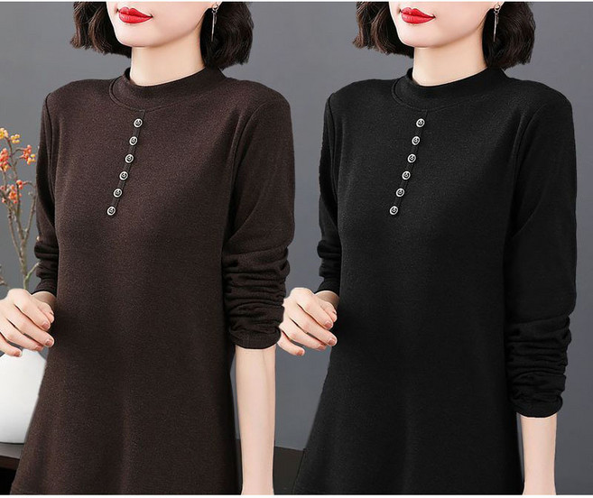 1+1 중년 여성 목폴라 티셔츠 캐주얼 가을 겨울 기모 풀오버 상의 패션 엄마복 여성 도톰 반폴라 긴팔티 기질 여자 이너 티셔츠 2P WXY