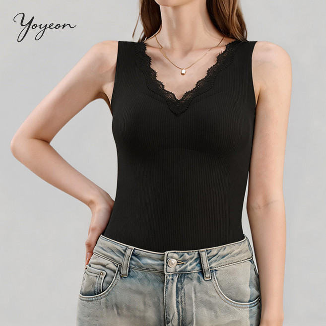 여성용 겨울 컵내장 일체형 기모나시 브라탑 레이스 포인트 슬림핏 심리스 브라런닝 히트텍 발열내의