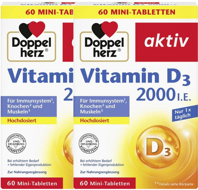 독일 도펠헤르츠 Doppelherz Vitamin D3 비타민D3 2 000ie 미니정, 2개, 60정