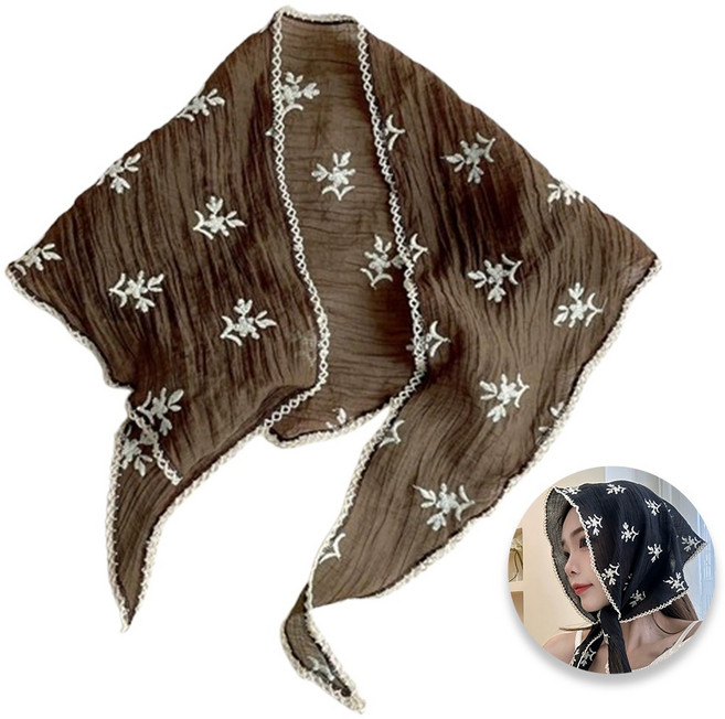 서온리 휴양지 자수 여성 여름 삼각 반다나 망사 머리스카프 쁘띠 레이스 머리 헤어 스카프 두건 머리두건