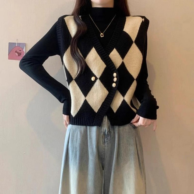 ORZQU 여성용 봄 가을 캐주얼 퀼팅 브이넥 심플 레이어드 니트 조끼