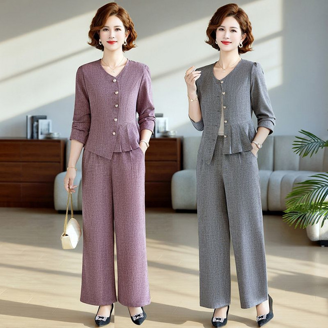 중년 여성 정장 투피스 여름 루즈핏 자켓 와이드바지 가벼운 외출 오피스룩