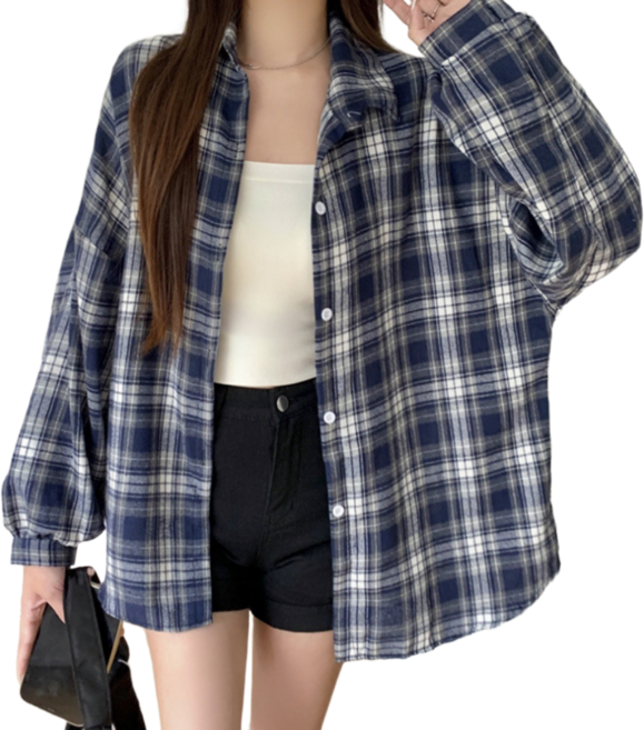 그로스웨이 여성 체크 셔츠 오버핏 루즈핏 남방 긴팔